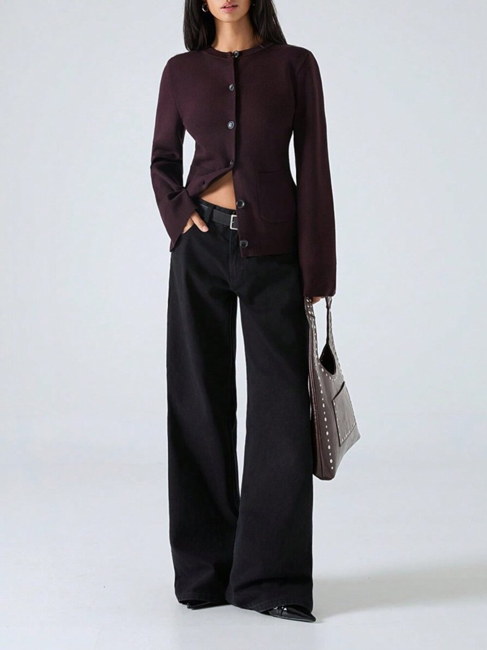Mocha Brown Casual Women's Slim Patchwork Button-Up Cardigan Sweater - Picture 4 of 7